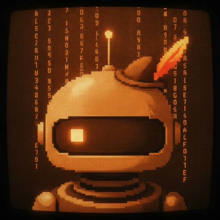 Louis, an amber pixel robot with a Robin Hood cap